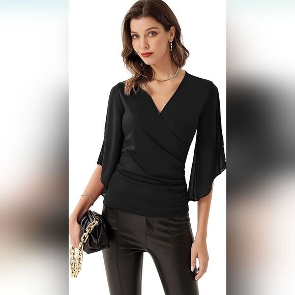 NWT GRACE KARIN Women 3/4 Chiffon Sleeve Dressy Blouse Wrap Elastic Shirt - Picture 2 of 5